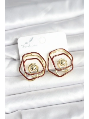 MuI MuI Pirinç Gold Renk Bordo Mineli Geometrik Gül Model Kadın Küpe