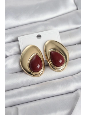 MuI MuI Pirinç Gold Renk Bordo Taşlı Damla Model Vintage Kadın Küpe