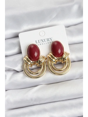 MuI MuI Pirinç Gold Renk Bordo Taşlı Vintage Kadın Küpe