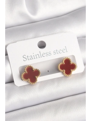 MuI MuI Pirinç Gold Renk Bordo Yonca Model Kadın Küpe