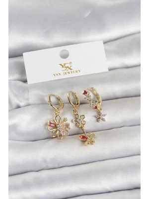 MuI MuI Pirinç Gold Renk Çiçek Model 3lü Kadın Küpe