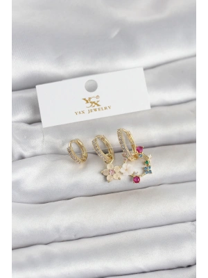 MuI MuI Pirinç Gold Renk Çiçek Model 3lü Kadın Küpe