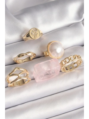 MuI MuI Pirinç Gold Renk Daire 3D İncili Figür Zincir Model Gül İşleme Detaylı 6Lı Kadın Yüzük Seti