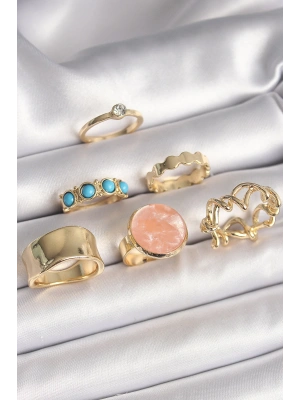 MuI MuI Pirinç Gold Renk Daire Pembe Mineli Zirkon Taş Detaylı 6Lı Kadın Yüzük Seti
