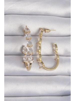 MuI MuI Pirinç Gold Renk Damla Zirkon Taş Tasarımlı Küpe