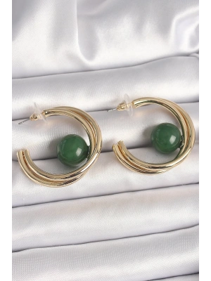 MuI MuI Pirinç Gold Renk Halka Model Yeşil Boncuk Detay Kadın Küpe