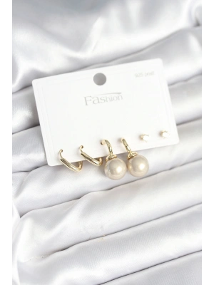 MuI MuI Pirinç Gold Renk İnci Detaylı 925 Gümüş Çivili Kadın Küpe Seti