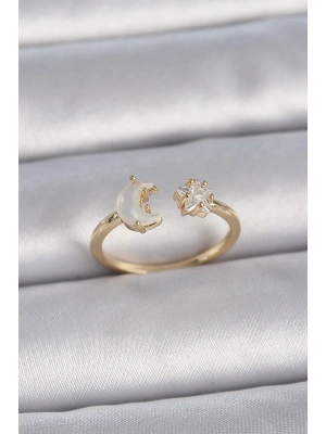 MuI MuI Pirinç Gold Renk İncili Hilal Zirkon Taşlı Yıldız Ayarlanabilir Model Kadın Yüzük