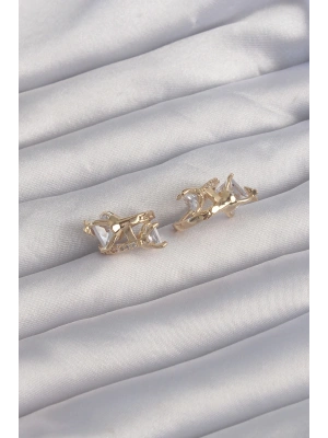 MuI MuI Pirinç Gold Renk İri Zirkon Taşlı Kıvrımlı Minimal Kelebekli Halka Küpe