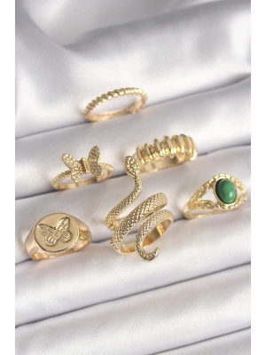 MuI MuI Pirinç Gold Renk İşlemeli Yılan Model Kelebek Detay 6Lı Kadın Yüzük Seti