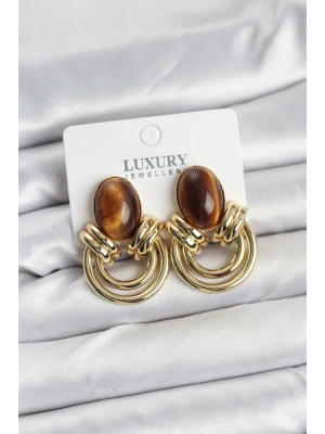 MuI MuI Pirinç Gold Renk Kahverengi Taşlı Vintage Kadın Küpe