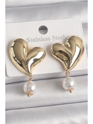 MuI MuI Pirinç Gold Renk Kalp Model Sallantı İnci Detay Kadın Küpe