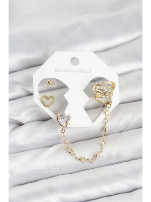 MuI MuI Pirinç Gold Renk Kalp Model Zincir Bağlantılı Ear Cuff Küpe Seti