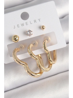 MuI MuI Pirinç Gold Renk Kalp Model Zirkon Taşlı Topçuk Detay Kadın Küpe Seti