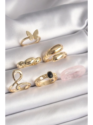 MuI MuI Pirinç Gold Renk Kelebek Figür Sarmal Model 6Lı Kadın Yüzük Seti