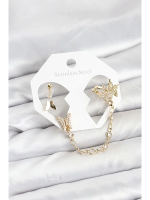 MuI MuI Pirinç Gold Renk Kelebek Model Zincir Bağlantılı Ear Cuff Küpe Seti