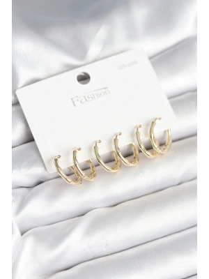 MuI MuI Pirinç Gold Renk Kemik Halka Model 925 Ayar Gümüş Çivili Kadın Küpe Seti