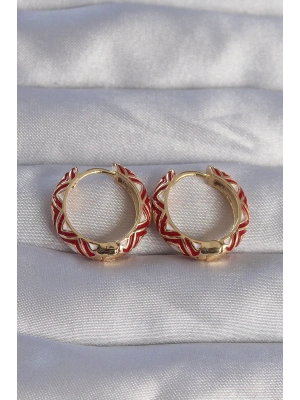 MuI MuI Pirinç Gold Renk Kırmızı Etnik Desenli Halka Küpe