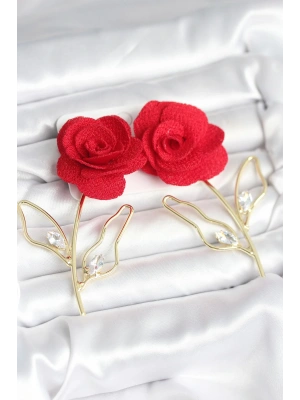 MuI MuI Pirinç Gold Renk Kırmızı Gül Model Kadın Küpe