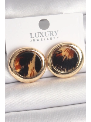 MuI MuI Pirinç Gold Renk Leopar Desen Daire Model Kadın Küpe