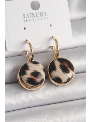 MuI MuI Pirinç Gold Renk Leopar Desenli Daire Model Kadın Küpe