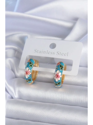 MuI MuI Pirinç Gold Renk Mavi Çiçek İşleme Detay Kadın Küpe