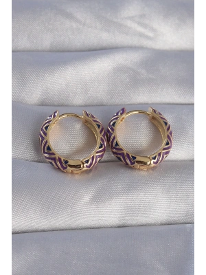 MuI MuI Pirinç Gold Renk Mor Etnik Desenli Halka Küpe