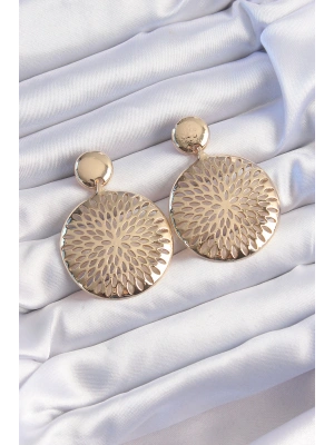 MuI MuI Pirinç Gold Renk Oval İşlemeli Küpe