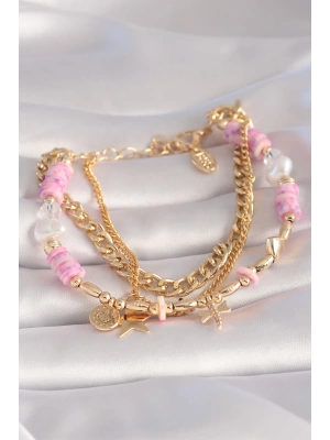 MuI MuI Pirinç Gold Renk Pembe Boncuklu Yıldız Figür Çoklu Kadın Bileklik