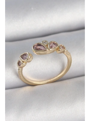 MuI MuI Pirinç Gold Renk Pembe Damla Zirkon Taşlı Ayarlanabilir Kadın Yüzük