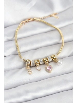 MuI MuI Pirinç Gold Renk Pembe Kalp Charmlı Kadın Bileklik