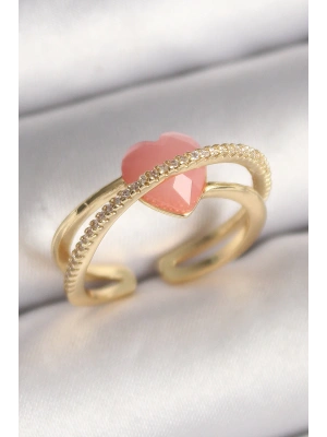 MuI MuI Pirinç Gold Renk Pembe Kristal Kalp Model Zirkon Taş Detaylı Kadın Yüzük