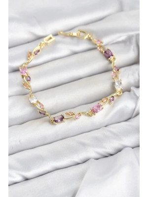 MuI MuI Pirinç Gold Renk Pembe ve Mor Zirkon Taşlı Çiçek Model Kadın Bileklik
