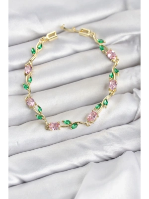MuI MuI Pirinç Gold Renk Pembe Zirkon Taşlı Çiçek Model Kadın Bileklik