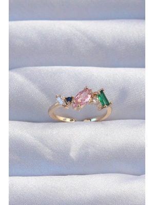 MuI MuI Pirinç Gold Renk Renkli Zirkon Taşlı Ayarlanabilir Yüzük