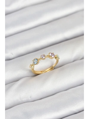 MuI MuI Pirinç Gold Renk Renkli Zirkon Taşlı Kadın Yüzük
