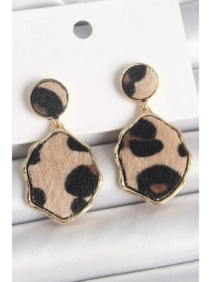MuI MuI Pirinç Gold Renk Sallantı Leopar Desen Plaka Model Kadın Küpe
