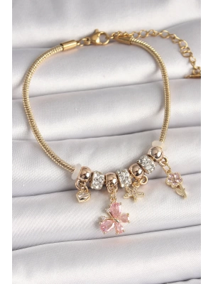MuI MuI Pirinç Gold Renk Sallantı Pembe Zirkon Taşlı Kelebek Figür Çiçek Detay Charm Kadın Bileklik
