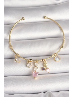 MuI MuI Pirinç Gold Renk Sallantı Zirkon Taşlı Kalp Figür Pembe Kalp Detay Charm Kadın Bileklik