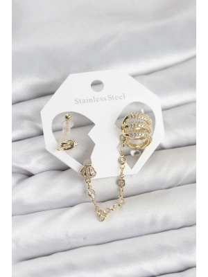 MuI MuI Pirinç Gold Renk Sarmal Model Zincir Bağlantılı Ear Cuff Küpe Seti