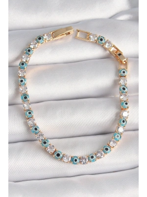 MuI MuI Pirinç Gold Renk Su Yolu Zirkon Taşlı Nazar Boncuklu Kadın Bileklik