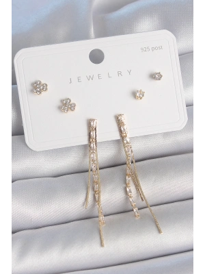 MuI MuI Pirinç Gold Renk Su Yolu Zirkon Taşlı Sallantı Model Çiçek Detay 925 Ayar Gümüş Çivi Kadın Küpe Seti