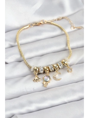 MuI MuI Pirinç Gold Renk Uzay Tema Charmlı Kadın Bileklik