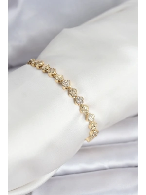 MuI MuI Pirinç Gold Renk VIP Seri Sıralı Yonca Model Zirkon Taşlı Kadın Bileklik