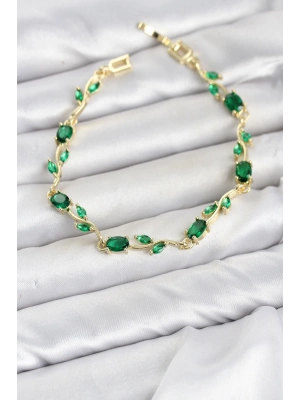 MuI MuI Pirinç Gold Renk Yeşil Zirkon Taşlı Çiçek Model Kadın Bileklik