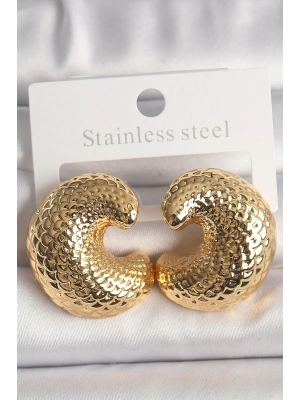 MuI MuI Pirinç Gold Renk Yılan Sırtı İşlemeli Yarım Halka Model Kadın Küpe