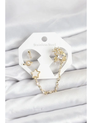 MuI MuI Pirinç Gold Renk Yıldız Model Zincir Bağlantılı Ear Cuff Küpe Seti