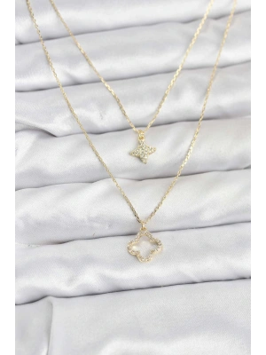 MuI MuI Pirinç Gold Renk Yonca Model 2li Kadın Kolye