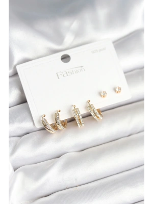 MuI MuI Pirinç Gold Renk Zirkon Taşlı 925 Gümüş Çivili Kadın Küpe Seti