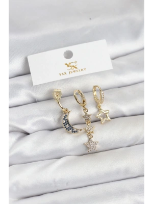 MuI MuI Pirinç Gold Renk Zirkon Taşlı Ay ve Yıldız Model YSX Trio Küpe Seti